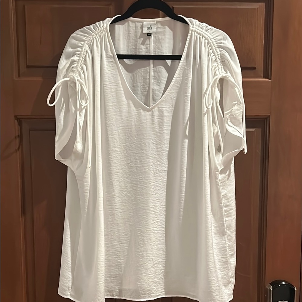 CAbi White Ruched Tie Front Blouse